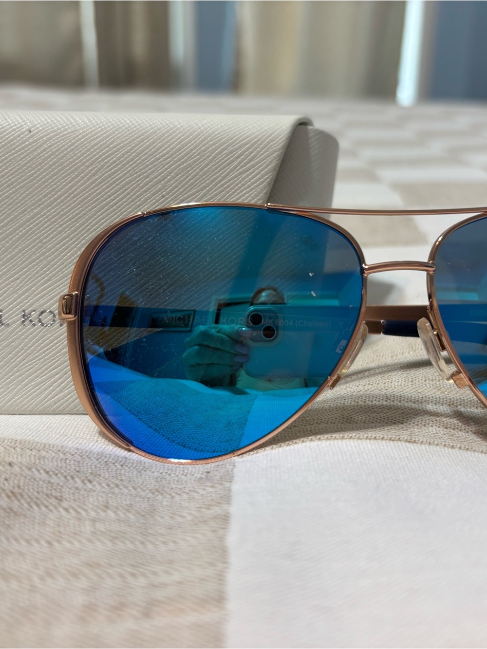 Michael Kors Blue Mirrored Aviator Sunglasses with Rose Gold Frame